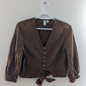 Joie Linen Blend Cropped Button Down Brown V Neck Front Tie Shirt Size XS